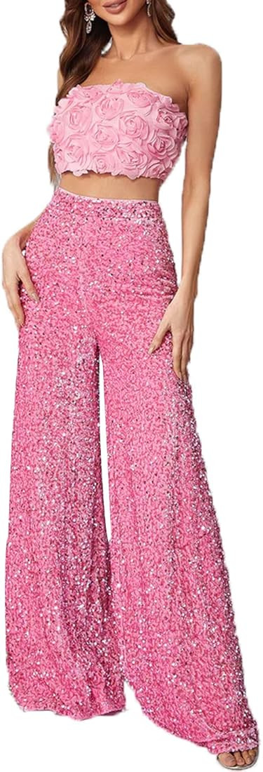 2 Piece Set 3D Flower Strapless Crop Tube Top Prom Tops High Waist Sequin Flare Leg Pants Loose T... | Amazon (US)