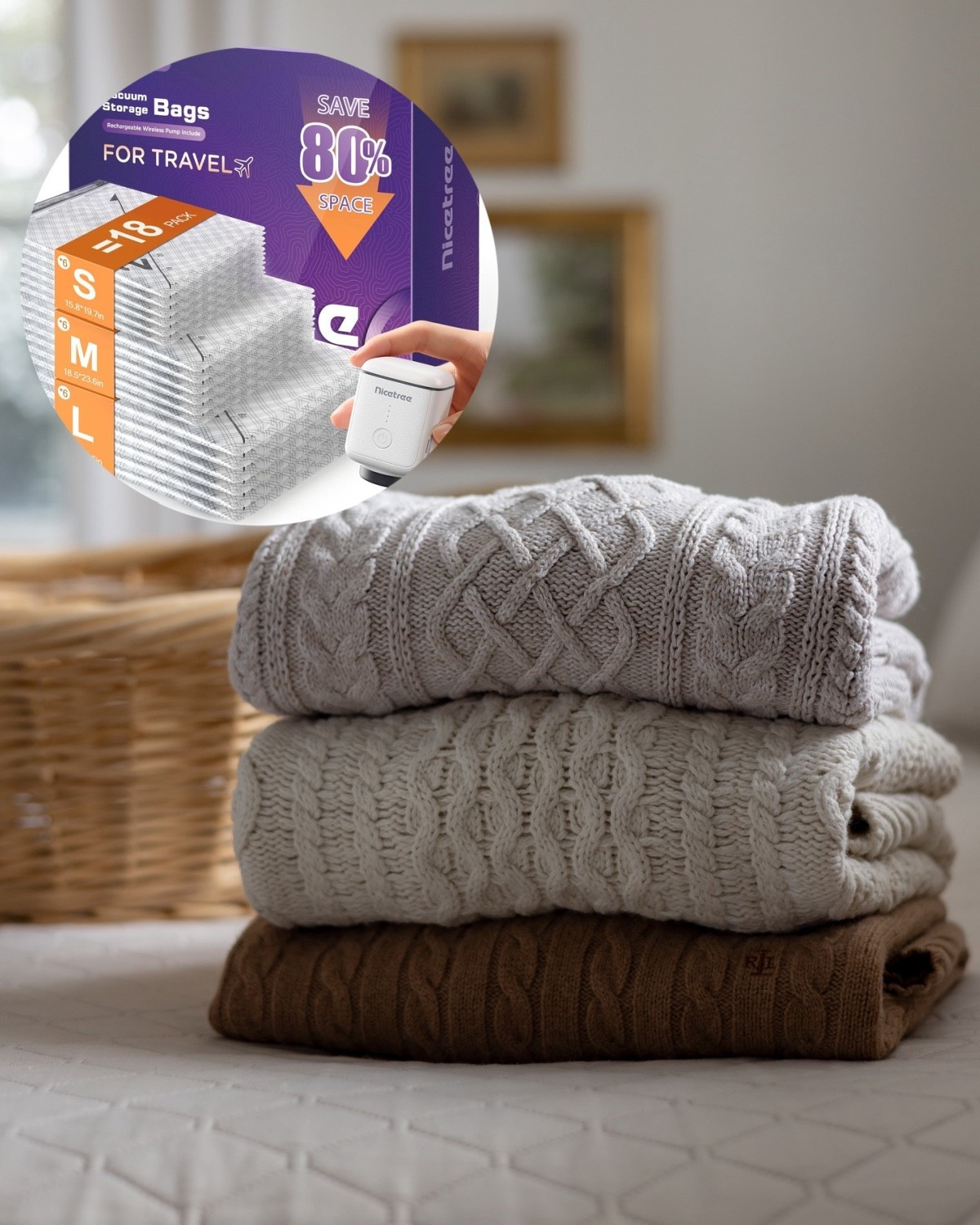 Just ordered these space saving vacuum bags with the tiniest pump that fits right in your hand. Can’t wait to try them out for organizing all my sweaters, blankets, etc.!