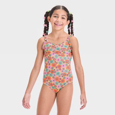 Girls' Floral Treasures One Piece Swimsuit - Cat & Jack™ S: UPF 50+, Recycled Polyester, Sleeveless | Target