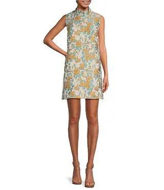 Buru Brocade Knee Length Mock Neck Sleeveless Pocketed Shift Dress | Dillard's | Dillard's