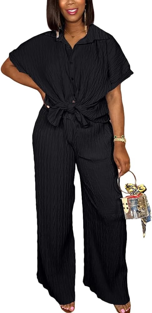 Casual Two Piece Set for Women - Button Down Shirt and Wide Leg Pants Matching Set Tracksuits | Amazon (US)