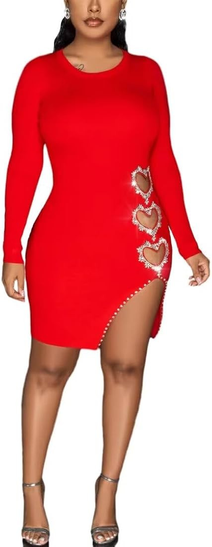 Kafiloe Women Heart Rhinestones Sexy Long Sleeve Bodycon Dress with Slit Formal Cocktail Party Ba... | Amazon (US)