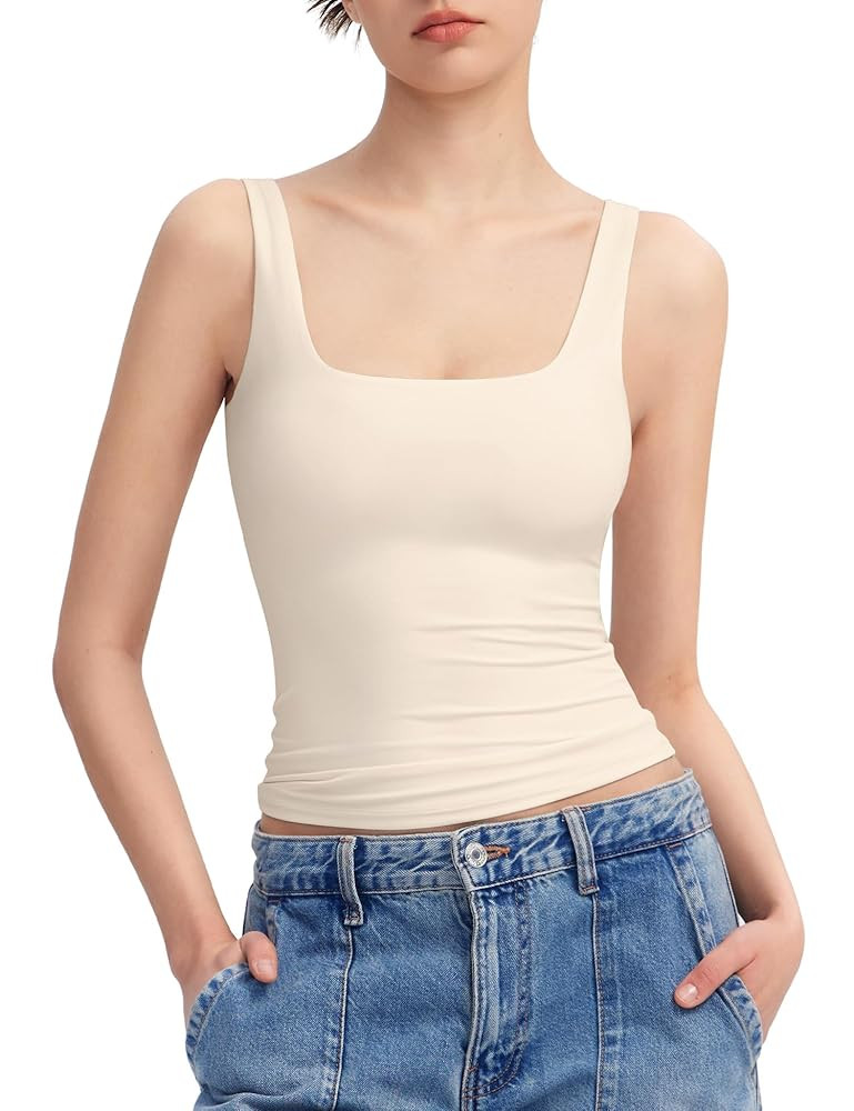 PUMIEY Women's Square Neck Tank Top Sleeveless Double Lined Basic Tops Sharp Collection | Amazon (US)