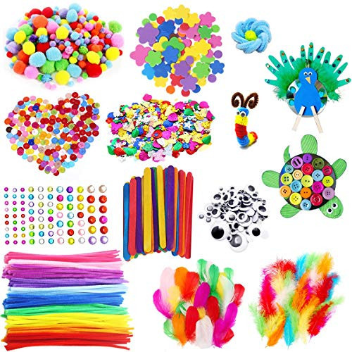 Arts and Crafts Supplies for Kids Including Feathers, Pipe Cleaners, Wiggle Googly Eyes, Pom Poms, Buttons, Ice Cream Sticks, Sequins And So On, School Kindergarten Homeschool Supplies Crafts | Amazon (US)