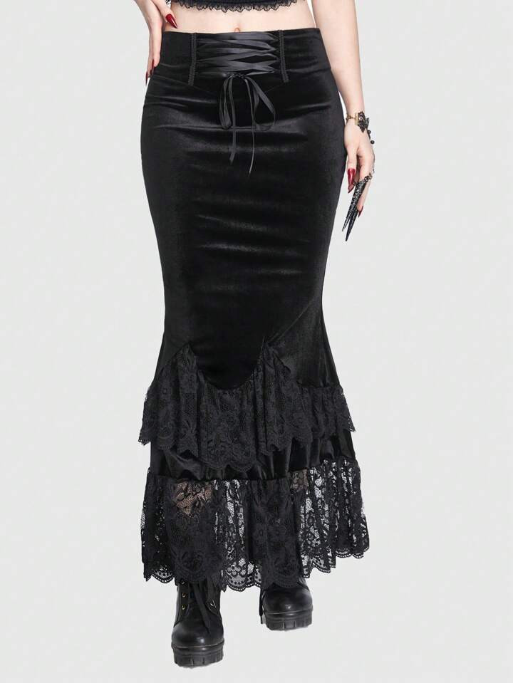 Goth Lace Up Front Contrast Lace Mermaid Hem Velvet Skirt | SHEIN