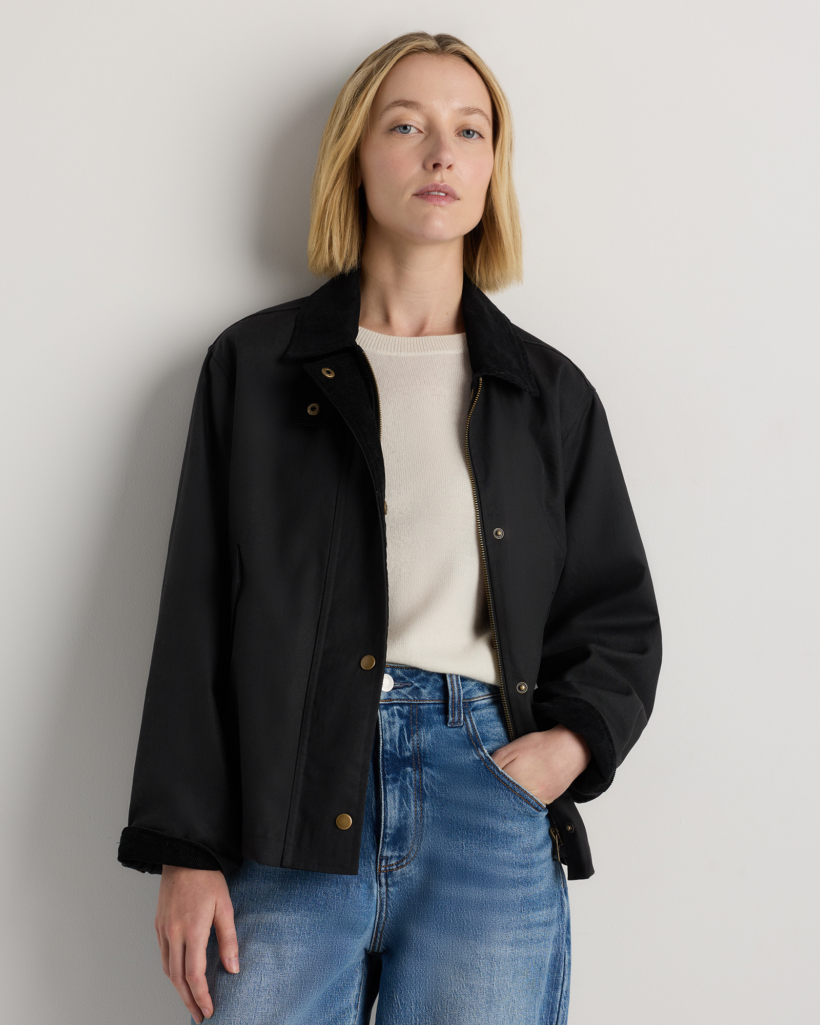 Quince | Women's Organic Waxed Cotton Cropped Barn Jacket in Vintage Black, Size Medium, Organic Cotton | Quince