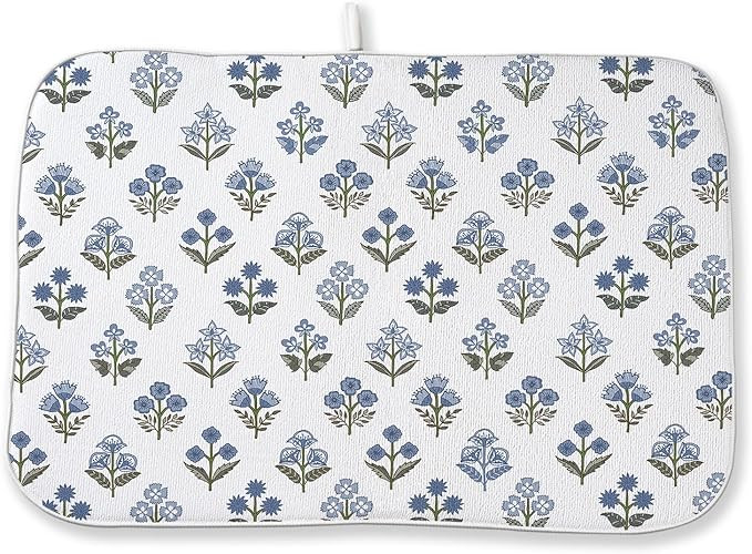Blue Green Dish Drying Mat 18x24 Inch Vintage Block Print Floral Drying Mat Spring Summer Flower ... | Amazon (US)