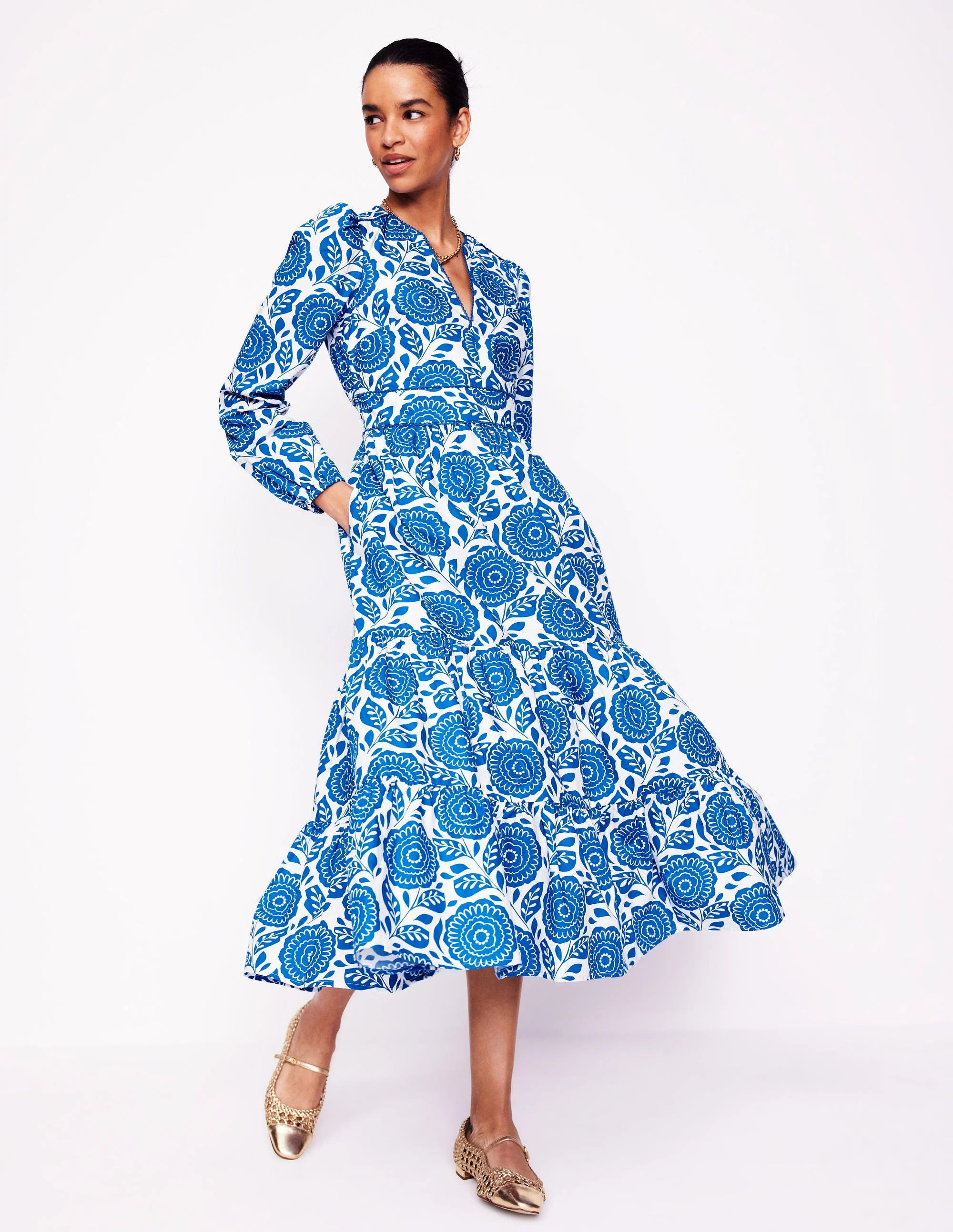 Violet Cotton Midi Dress-Gallery Blue, Dahlia Stamp | Boden (US)