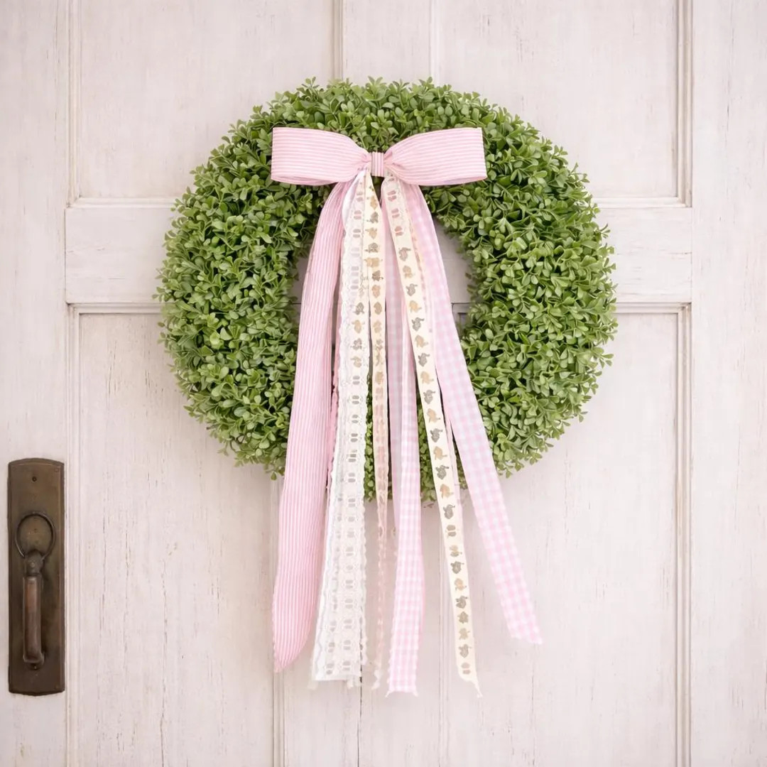 Pink Seersucker Easter Wreath with Neutral Bunny Clip on Ribbon Set Bundle Grandmillennial Spring... | Etsy (US)