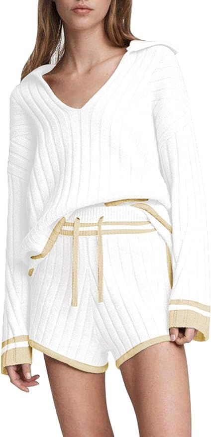 Fixmatti Women 2 Piece Knit Outfits Long Sleeve Sweater Top and Shorts Sweatsuits Set | Amazon (US)