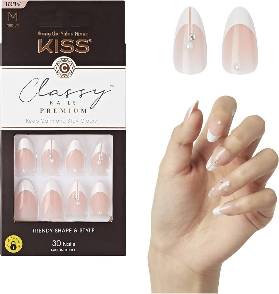 KISS Classy, Press On Nails, Nail glue included, 'Highlights', French, Medium Size, Almond Shape,... | Amazon (US)