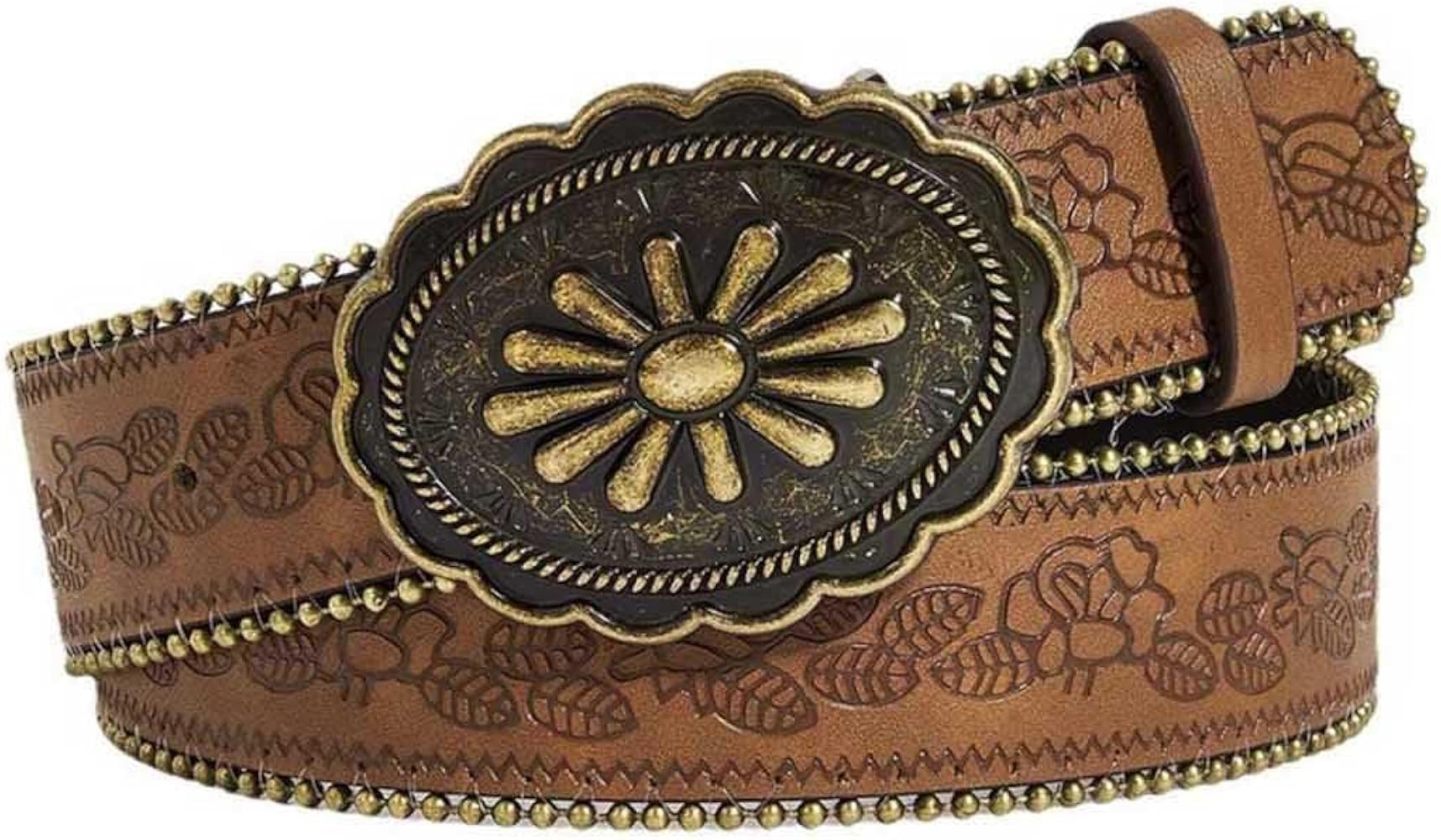Yalice Western Brown Belt for Women Vintage Cowgirls Leather Jeans Belts with Embossed Buckle | Amazon (US)