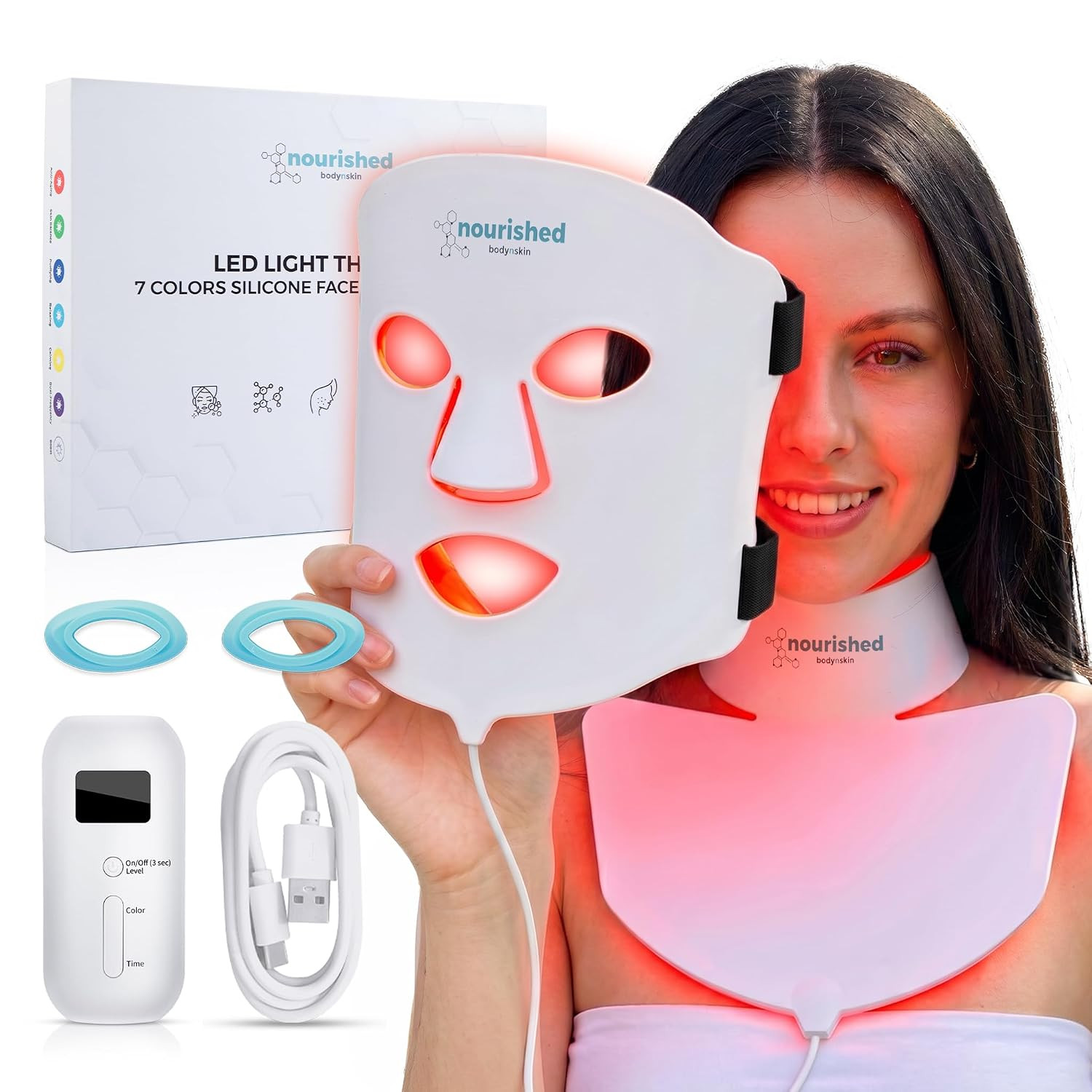 Nourished Bodynskin LED Light Therapy Face & Neck Mask - Facial Skin Care Device - 7 Colors Red & Blue - Rejuvenation, Anti-aging Product for Wrinkles | Amazon (US)