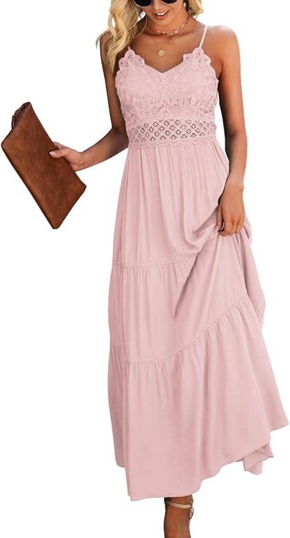 Dokuritu Women's Beach Crochet Lace Maxi Dress Solid Color Summer Vacation Spaghetti Strap Long D... | Amazon (US)