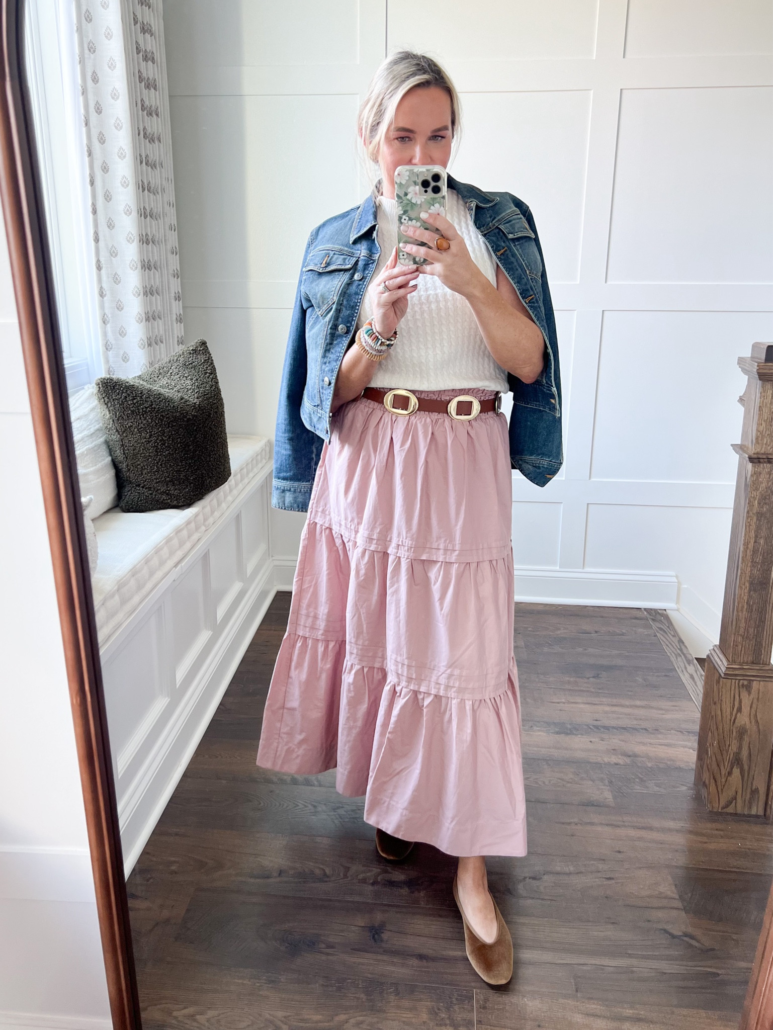 Hello Tuesday! This belt is absolutely everything! Subtle western vibes which is so popular right now and I’m loving it. Also comes in black. I’ve worn this skirt a few times. It has a full elastic waist and pockets. Wearing size small for reference. This sleeveless mock neck sweater top has also been worn on repeat. Runs TTS. Happy Tuesday! My stackable bracelets are from my favorite small business Kylie and Bryn - you can use code KATI15 on your purchase! 

#LTKStyleTip #LTKOver40 #LTKShoeCrush