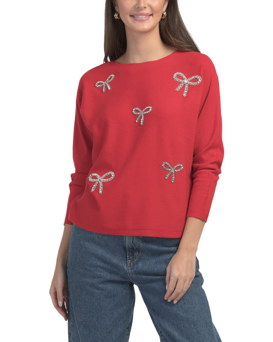 Bow Embellished Dolman Pull Over Sweater | TJ Maxx