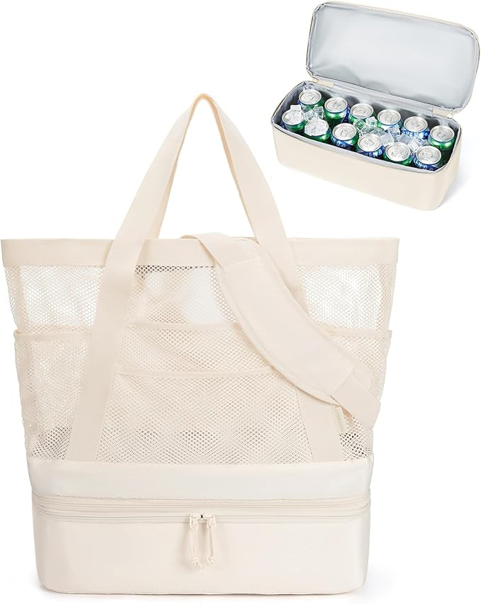 BAGSMART Beach Bag for Women, Mesh Tote Bags with Zipper, Sandproof Vacation Essentials with Cool... | Amazon (US)