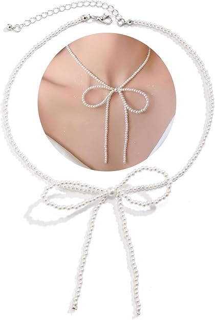 Bow Bowknot Pearl Beaded Choker Necklace for Women, White Round Balls Beads Bow Collar Necklace S... | Amazon (US)