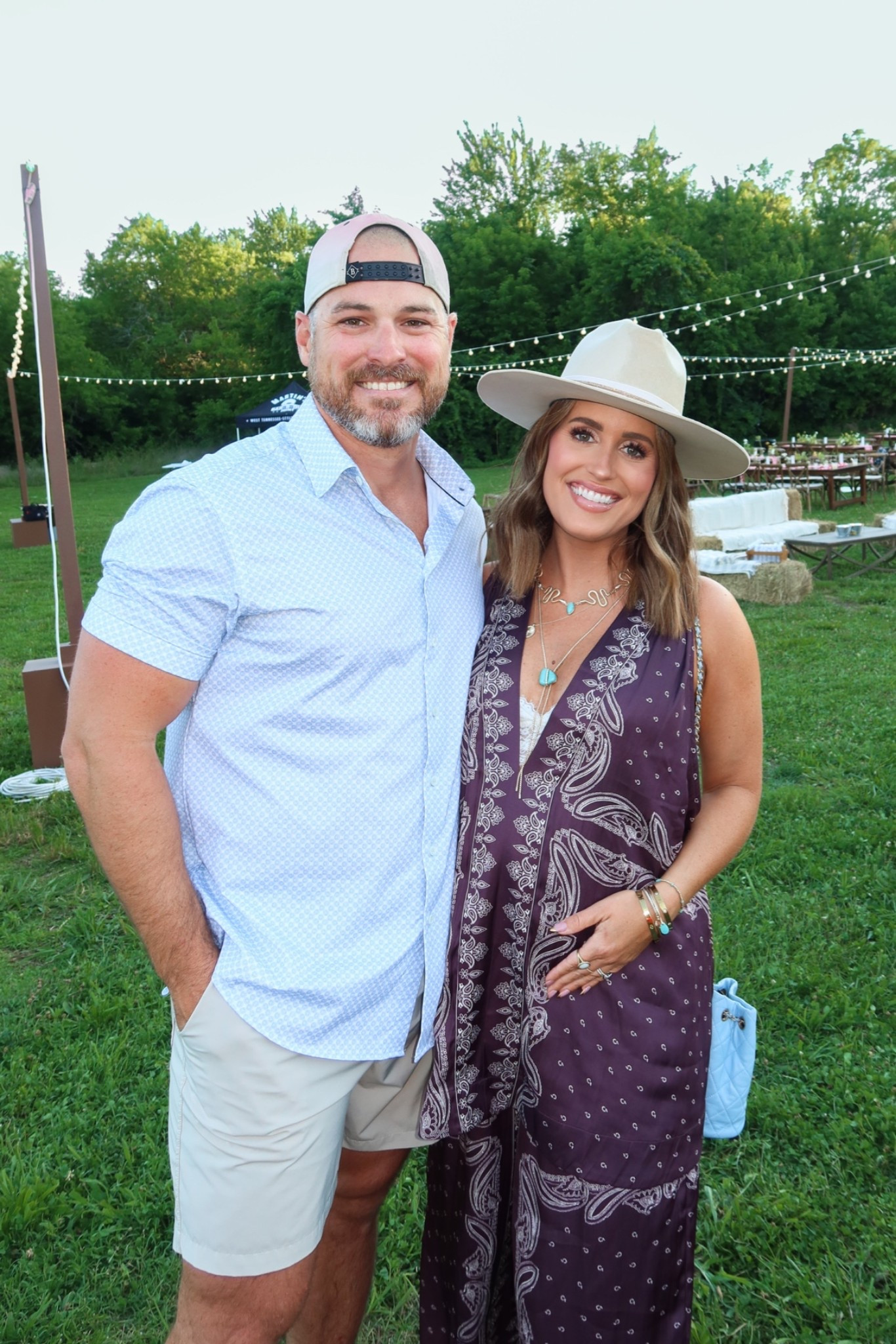 Wearing a small in this western-inspired set. Runs big, so would get true size! Added a lace barrette under the top since it’s more loose/flowy. Pants have an elastic waist and wide leg. Very comfy and bump friendly! Thought it was a unique western look for a CMA fest welcome party! 

Also linking my jewelry, heels, & hat is custom. 

Currently 24 weeks pregnant. 

Scott’s short linked as well!!

Bump friendly, western, set, country concert

#LTKgrwm #LTKootd #LTKBump