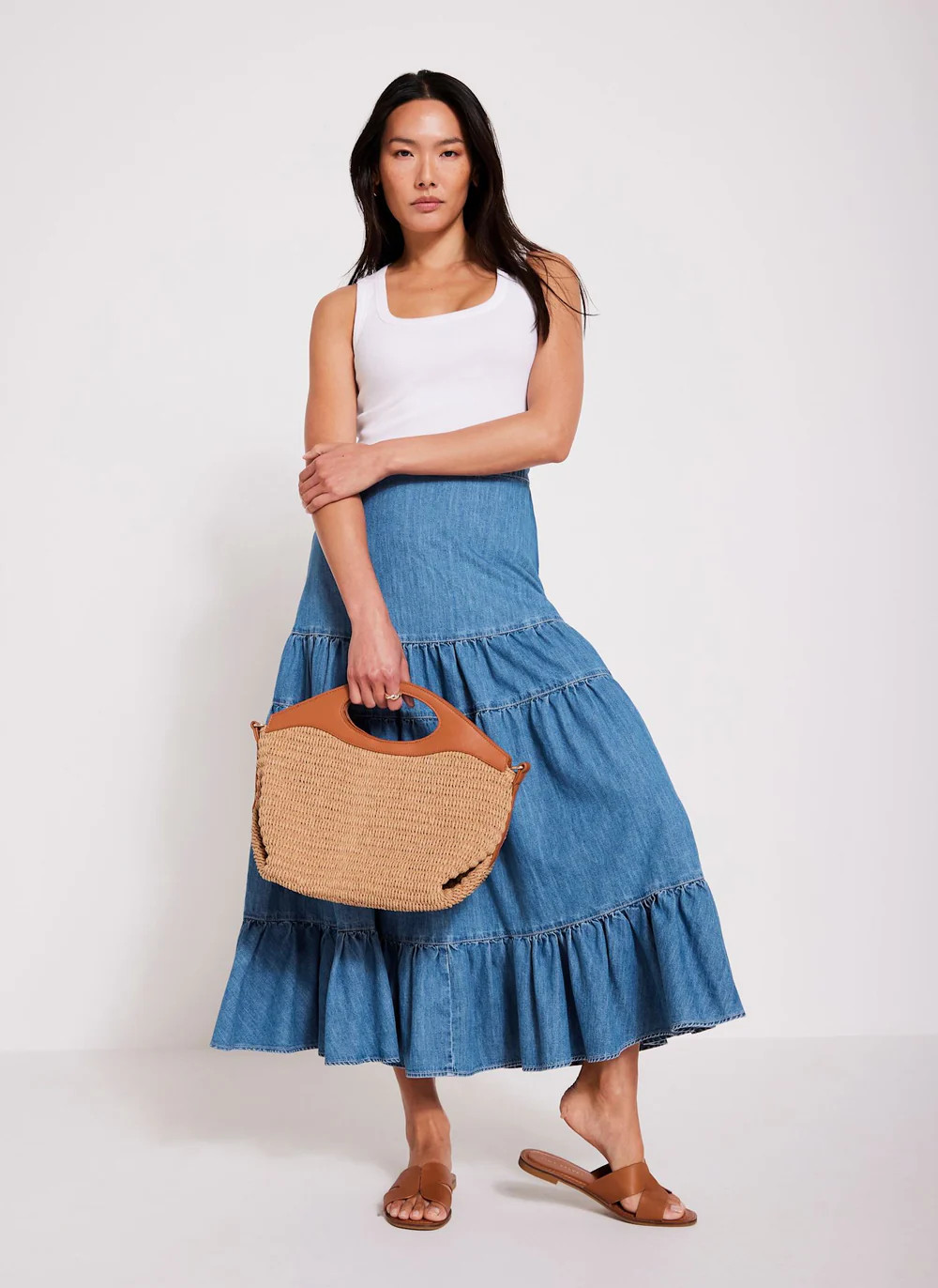Indigo Tiered Denim Maxi Skirt | Mint Velvet