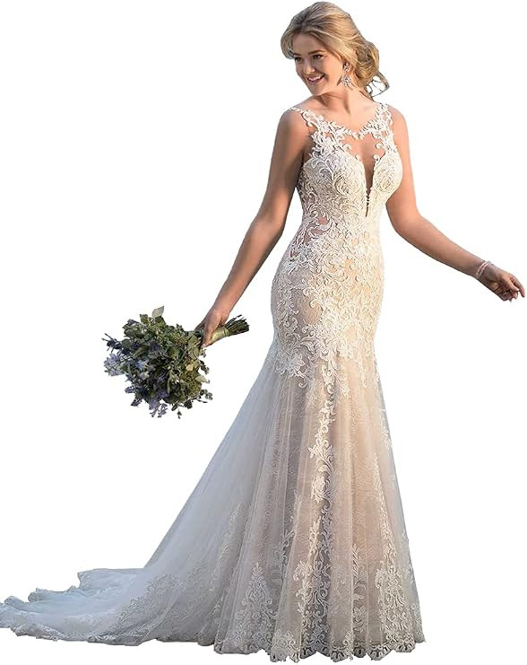YMSHA Women's Beach Wedding Dresses for Bride 2021 Boho Long Lace Bridal Gowns for Wedding YMS041 | Amazon (US)