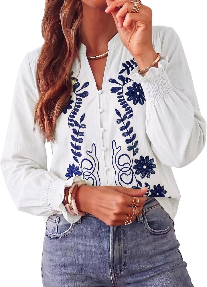 BTFBM Women's 2026 Fall Tops Dressy Casual Floral Boho Embroidered Blouse | Amazon (US)