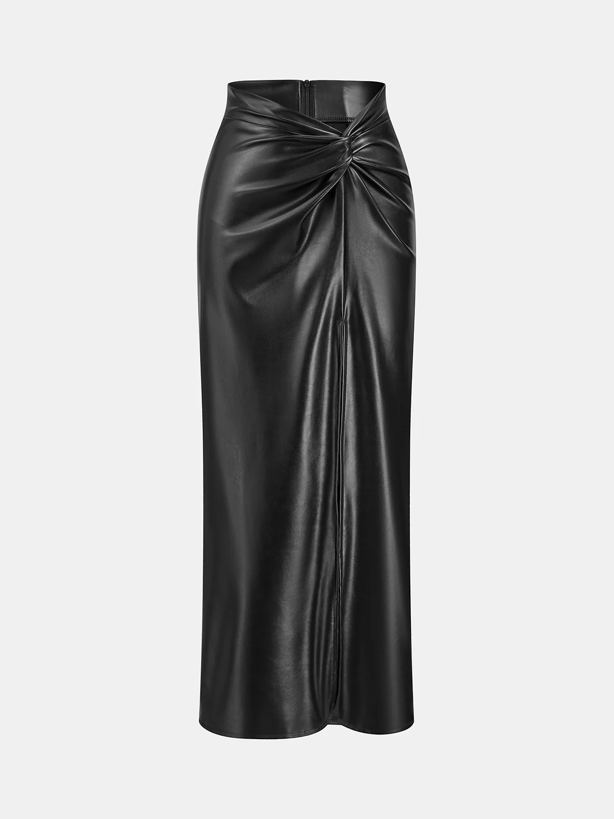 Knot Detail PU Leather Midi Skirt | Commense