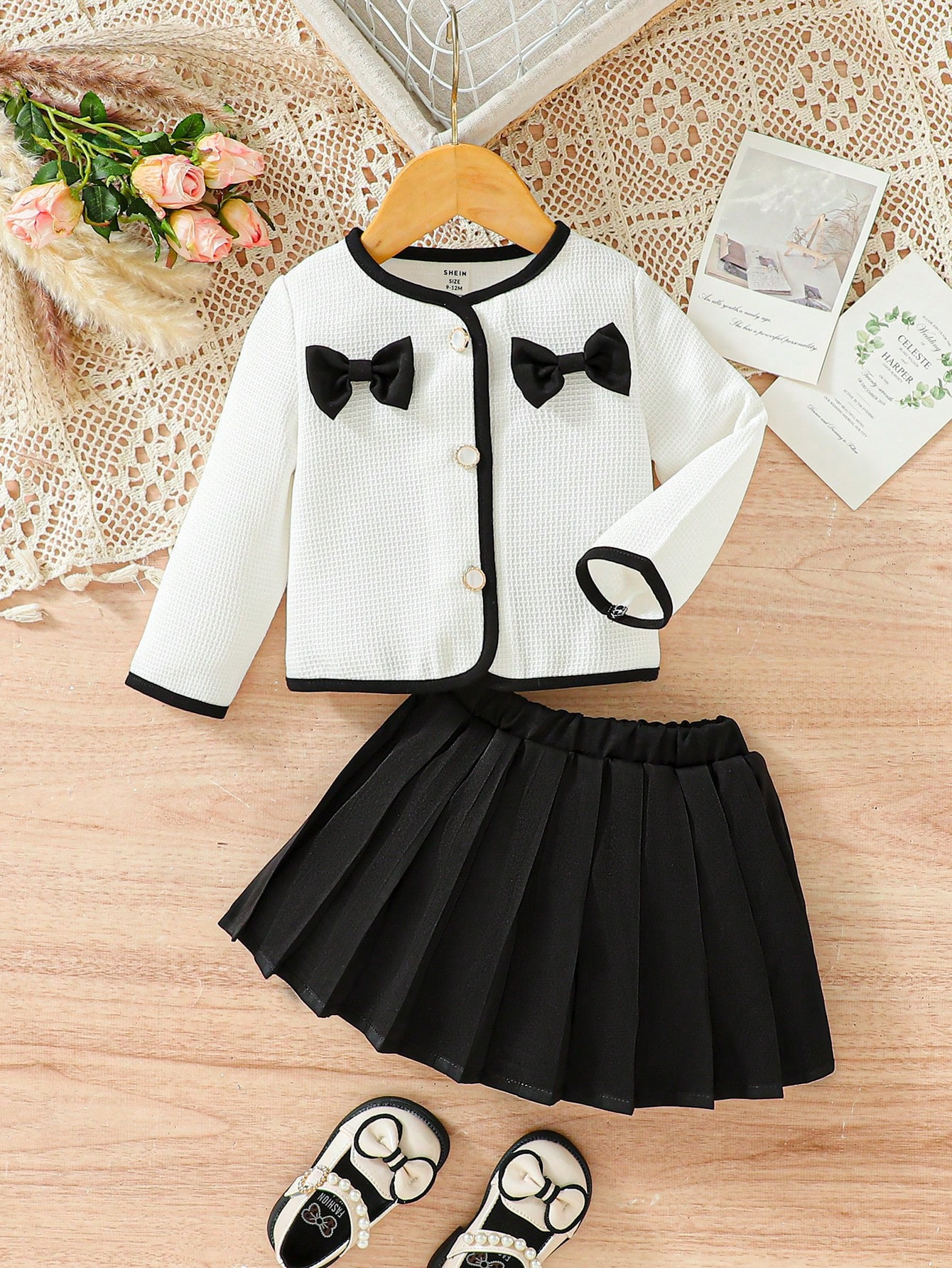 SHEIN Baby Girl Bow Front Contrast Binding Jacket & Pleated Skirt | SHEIN