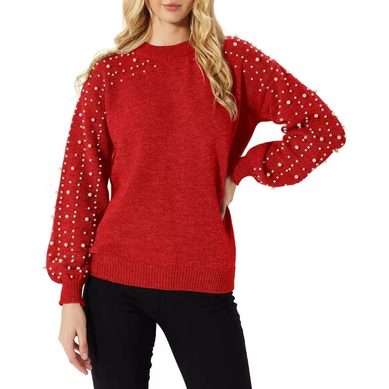 Women's Oversized Knit Crewneck Sweater Chunky Pearl Top Lantern Sleeve for Women(Red) | Walmart (US)