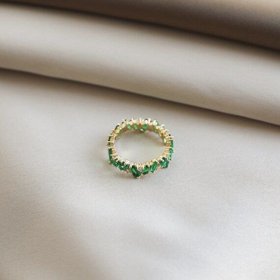 18k Yellow Gold Stackable Baguette Ring With Emerald Simulated - Etsy | Etsy (US)