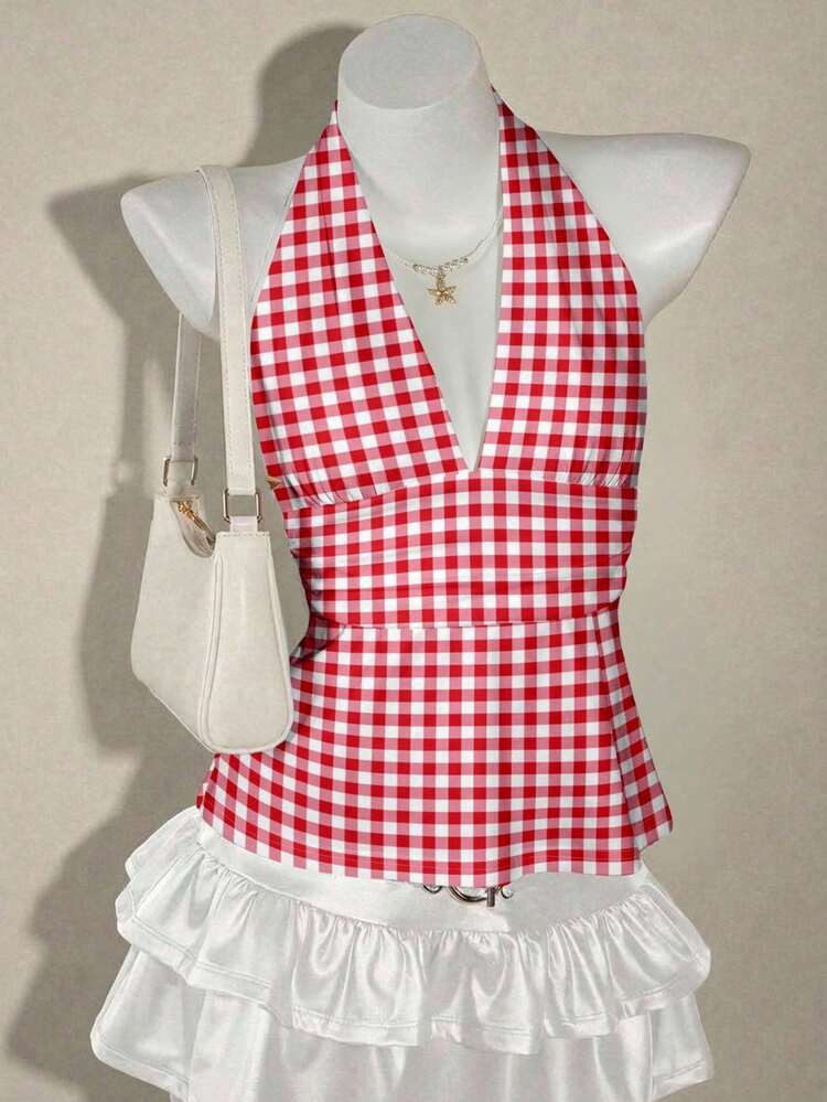 SHEIN ICON Women's Red & White Plaid Halter Deep V-Neck Backless A-Line Tank Top - Cute Retro Y2K Sweet Girl Style For Spring/Summer, Beach Vacation, Picnic, Afternoon Tea, Festival, Date & Travel,Summer Top | SHEIN