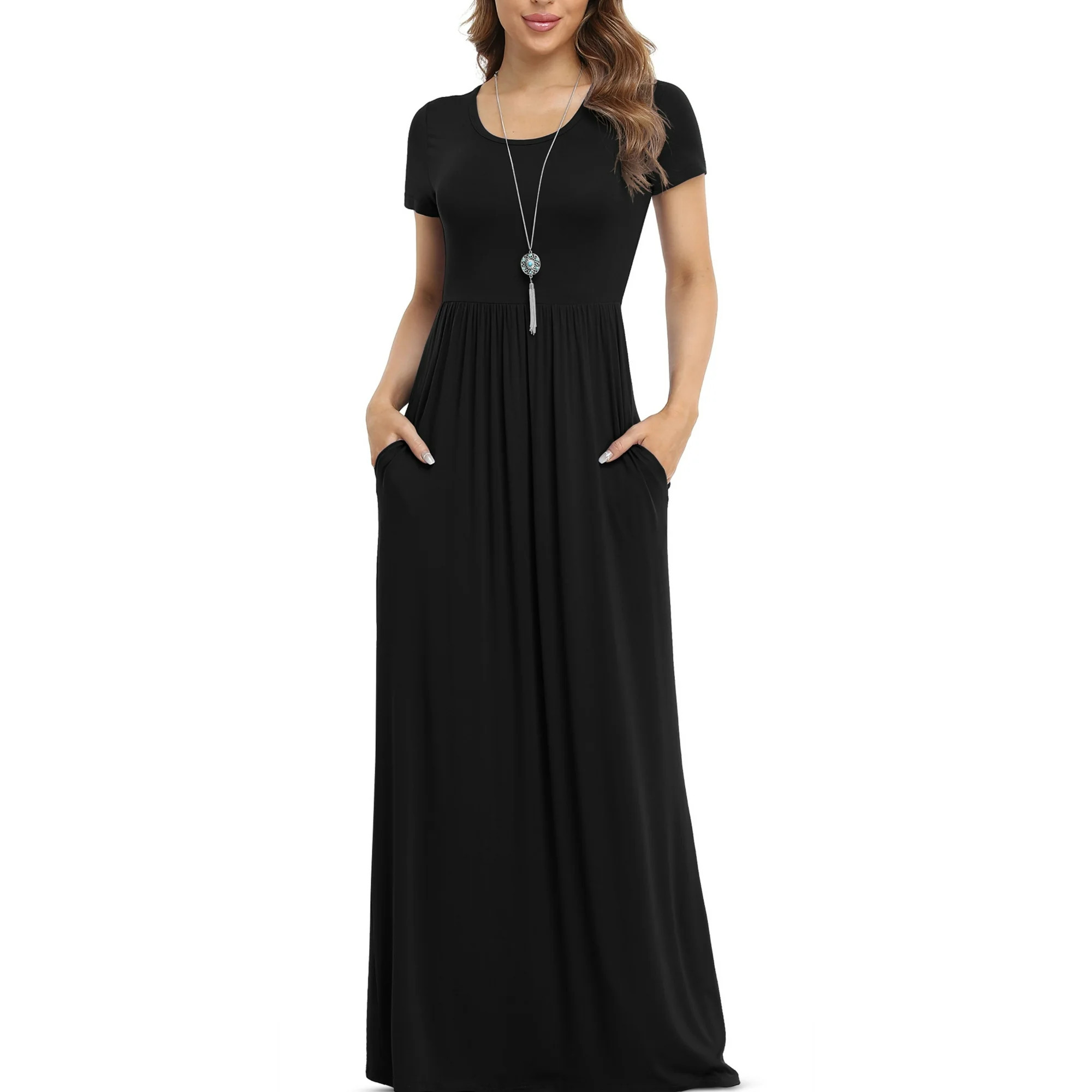 Asklazy Women's Short Sleeve Loose Plain Maxi Dresses Casual Long Dresses with Pockets - Walmart.... | Walmart (US)