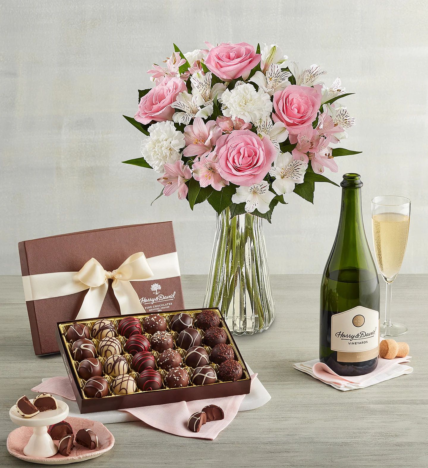 Mother's Day Cherished Blooms Bouquet, Chocolate Truffles, and Wine | 1800flowers.com