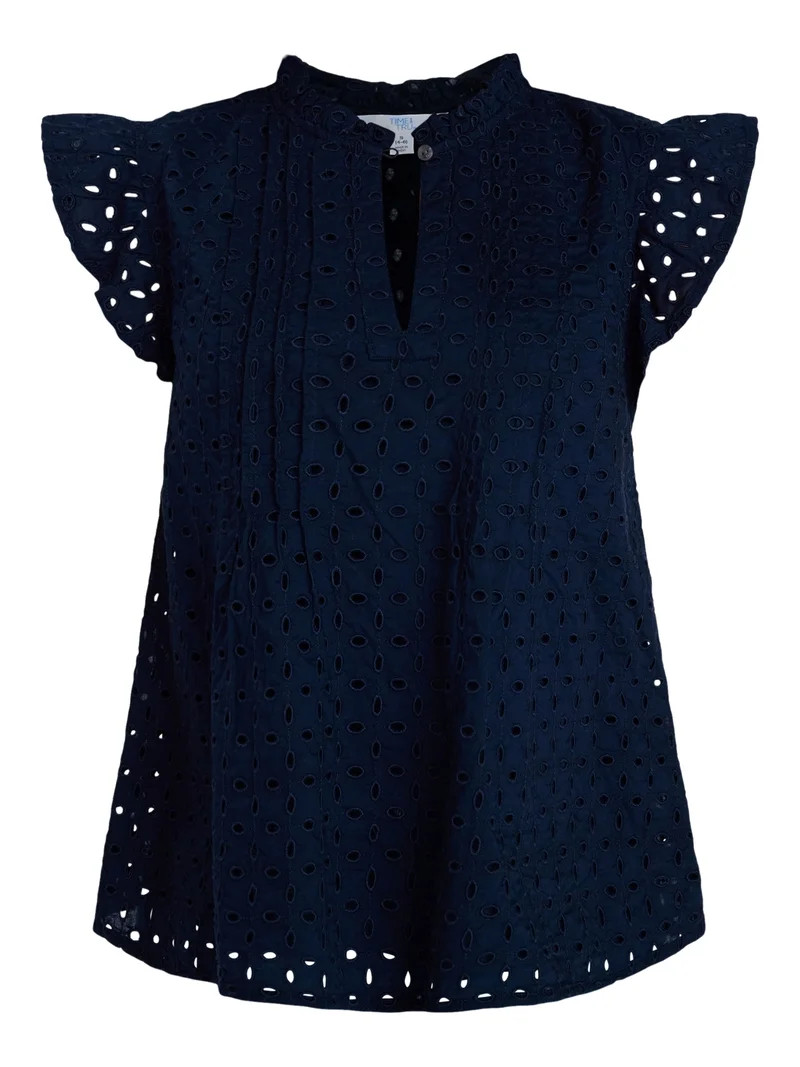 Time and Tru Women's Cotton Eyelet Top with Short Flutter Sleeves, Sizes XS-XXXL | Walmart (US)