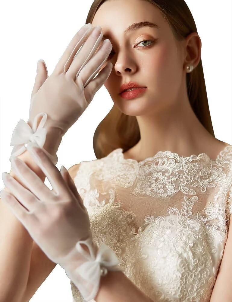 Women Bow Tulle Gloves with Pearls Short Mesh Tea Party Gloves Wedding Bridal Prom Formal Accessories | Amazon (US)