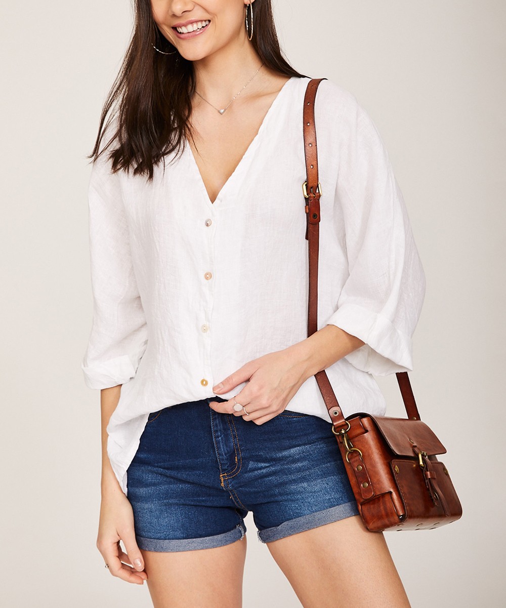 Ornella Paris Women's Blouses WHITE - White V-Neck Linen Button-Up Top - Plus | Zulily