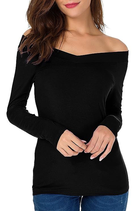 Sarin Mathews Womens Shirts Off The Shoulder Tops Sexy V Neck Slim Fit Shirts Tops Blouses | Amazon (US)