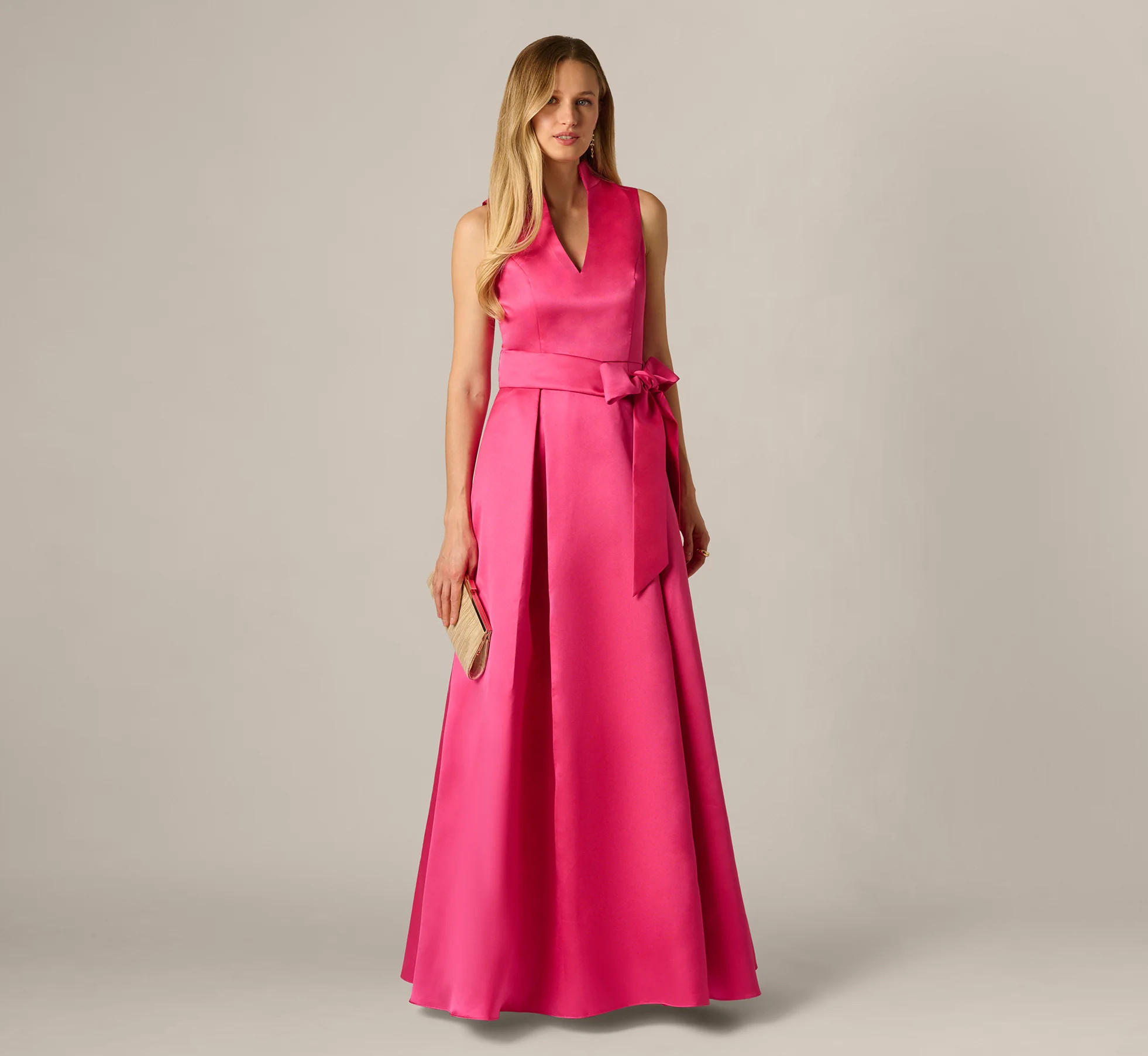 Electric Pink Sleeveless Queen Anne Tie Front Ballgown - Adrianna Papell | Adrianna Papell