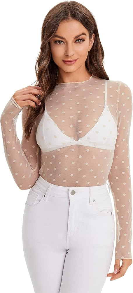 Verdusa Women's Long Sleeve Lettuce Trim Fitted Sheer Mesh Tee Top | Amazon (US)