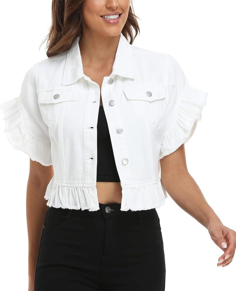 MISS MOLY Women's Denim Jacket Ruffle Sleeve Button Down Distressed Summer Cropped Jean Jackets | Amazon (US)