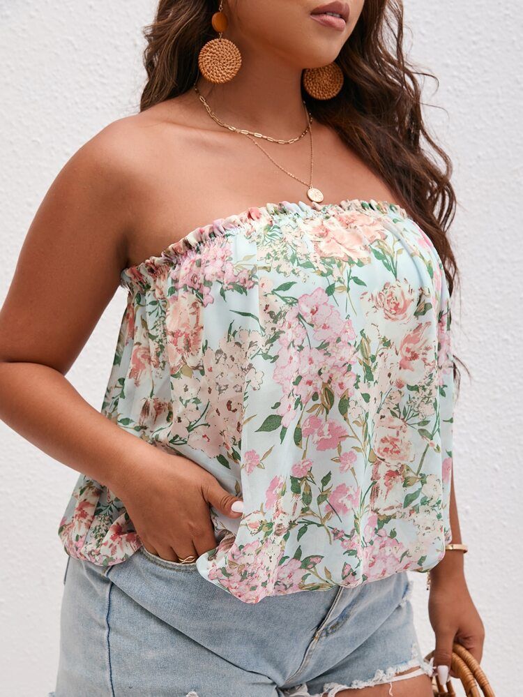 New
     
      Plus Allover Floral Print Frill Trim Tube Top | SHEIN