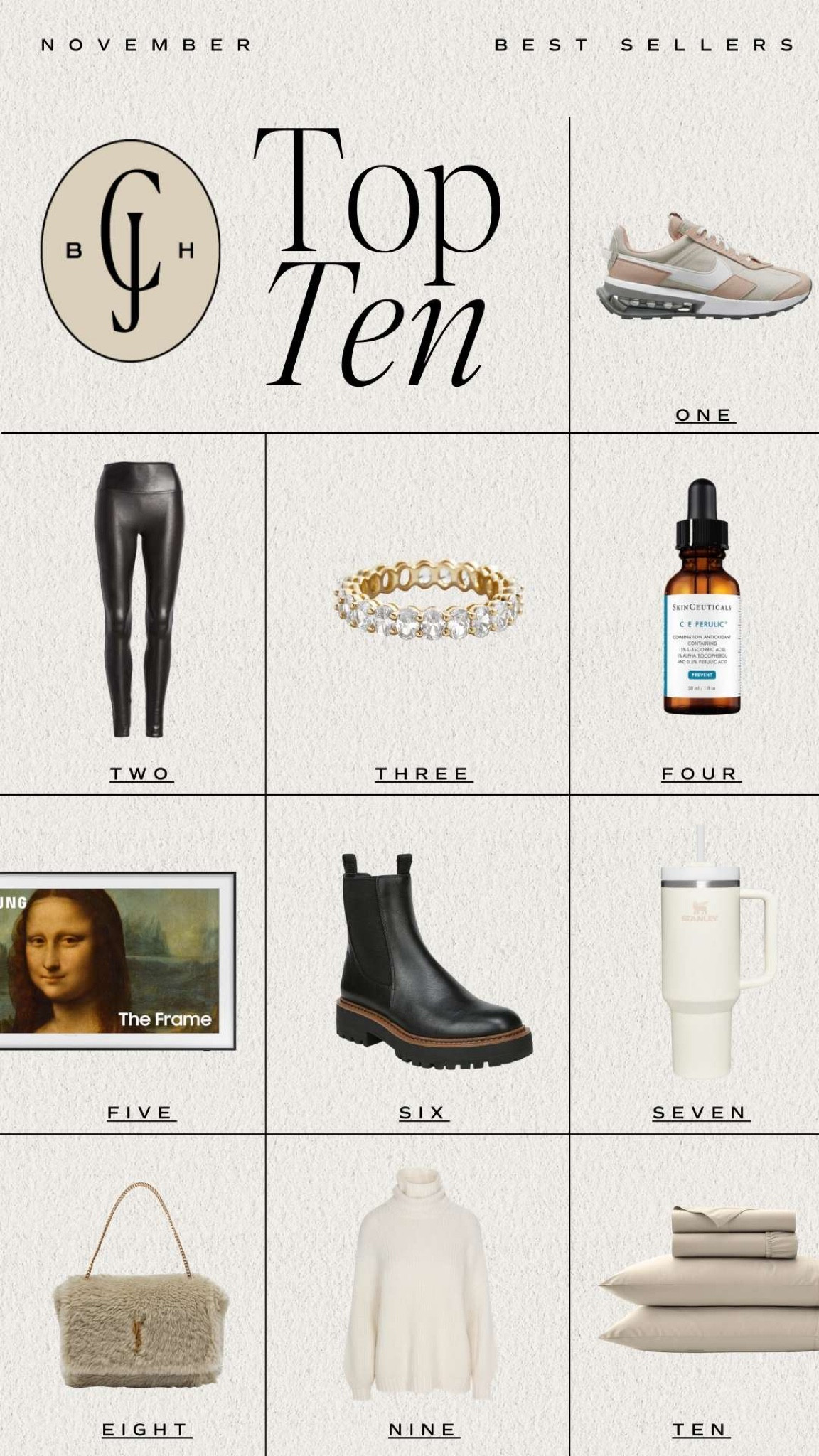 Cella Jane blog November top ten best sellers. Nike sneakers, vegan leather leggings, eternity ring, face serum, frame tv, Chelsea boots, Stanley tumbler, shearling bag, turtleneck sweater, sheet set  

#LTKstyletip #LTKGiftGuide #LTKhome