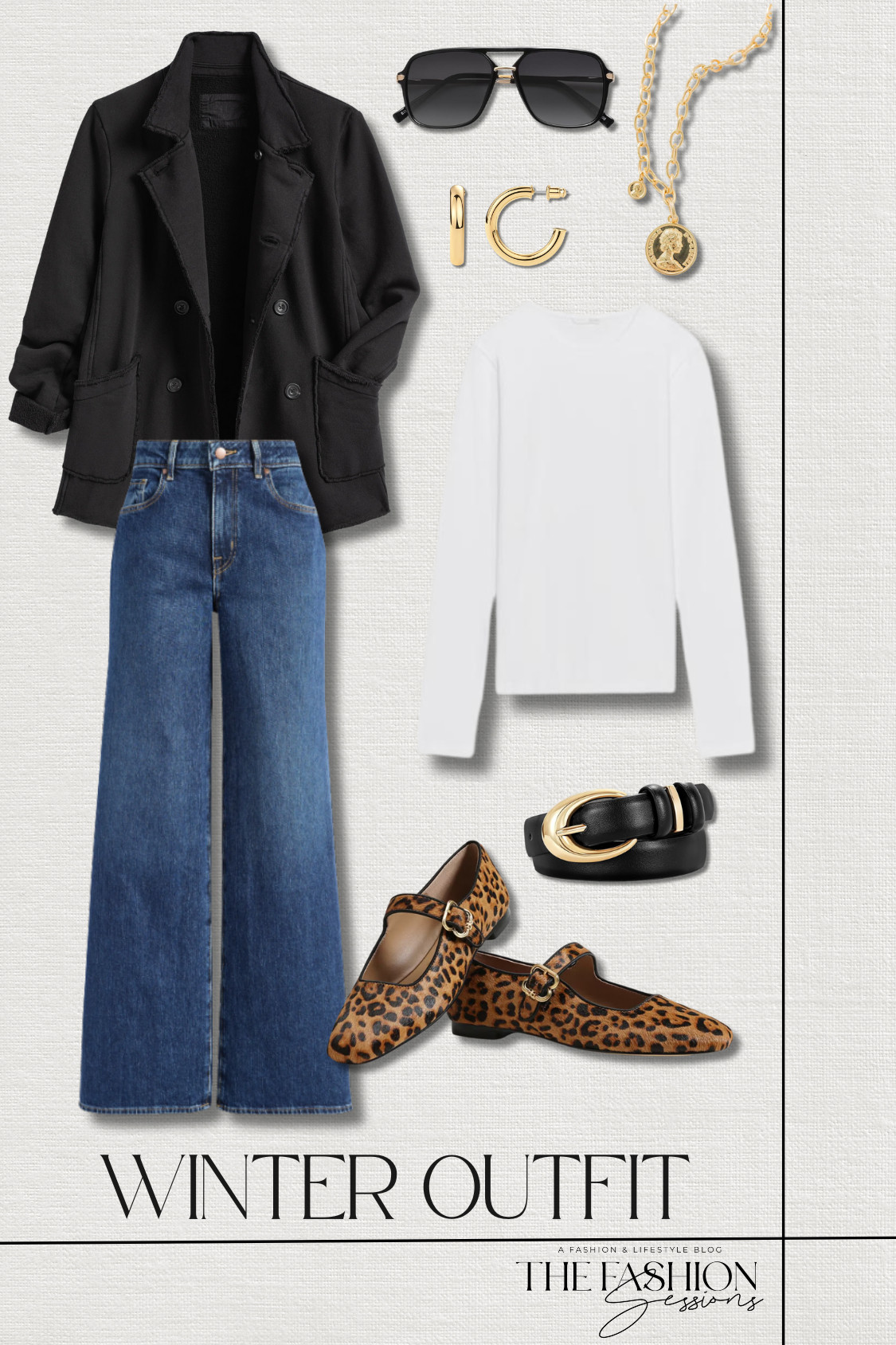Winter outfit inspo!
sweatshirt peacoat | high rise wide leg jeans | slim fit long sleeve tee | leopard print mary jane flat | leather belt | oversized aviator sunglasses | golden medallion necklace | gold hoop earrings | winter outfit | casual outfit | shopping outfit | brunch outfit | girl's day outfit | mom outfit | elevated casual 

 #LTKootd #LTKSeasonal #LTKOver40