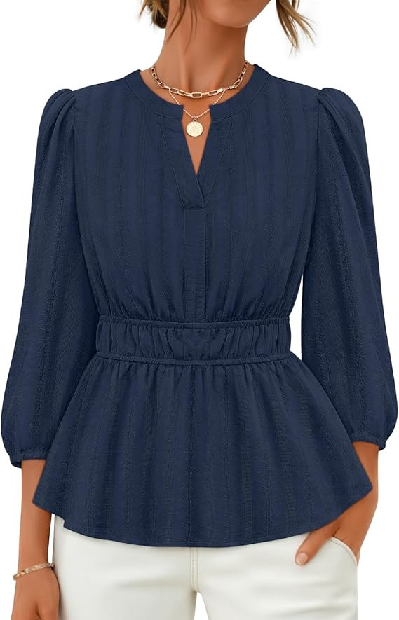 ZESICA Women's 2026 Fall Babydoll Peplum Tops V Neck Puff 3/4 Length Sleeve Shirts Dressy Casual ... | Amazon (US)