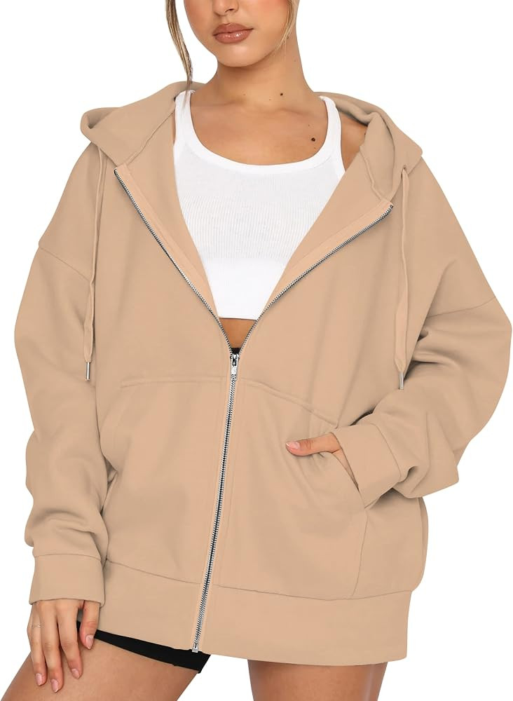 MSBESYOR Women Casual Solid Zip Up Hoodie Oversized Fleece Long Sleeve Drop Shoulder Loose Jacket... | Amazon (US)