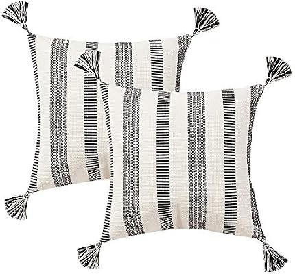 blue page Pack of 2 Cotton Woven Decorative Square Throw Pillow Covers Set, Modern Striped Cushio... | Amazon (US)