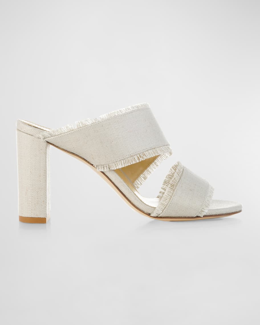 Marion Parke Cecilia Linen Fringe Block Heel Sandals | Neiman Marcus