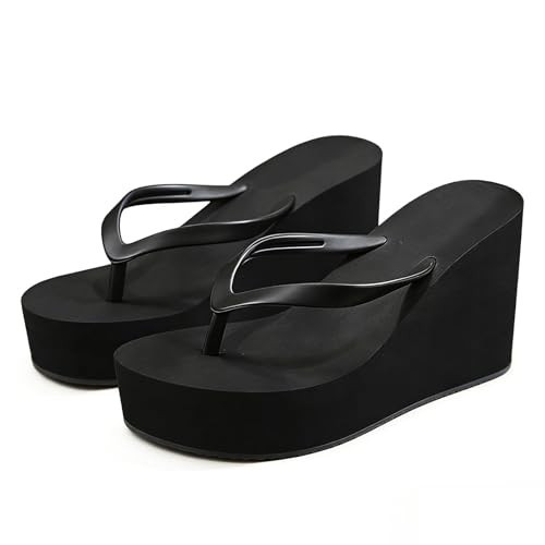 NHBEOEN Wedge Flip Flops for Women Casual Comfortable Open Round Toe Slip On Platform High Heel Thong Sandals Lightweight Non-Slip Summer Travel Vacation Beach Clip Toe Slides (Black,4.5) | Amazon (US)