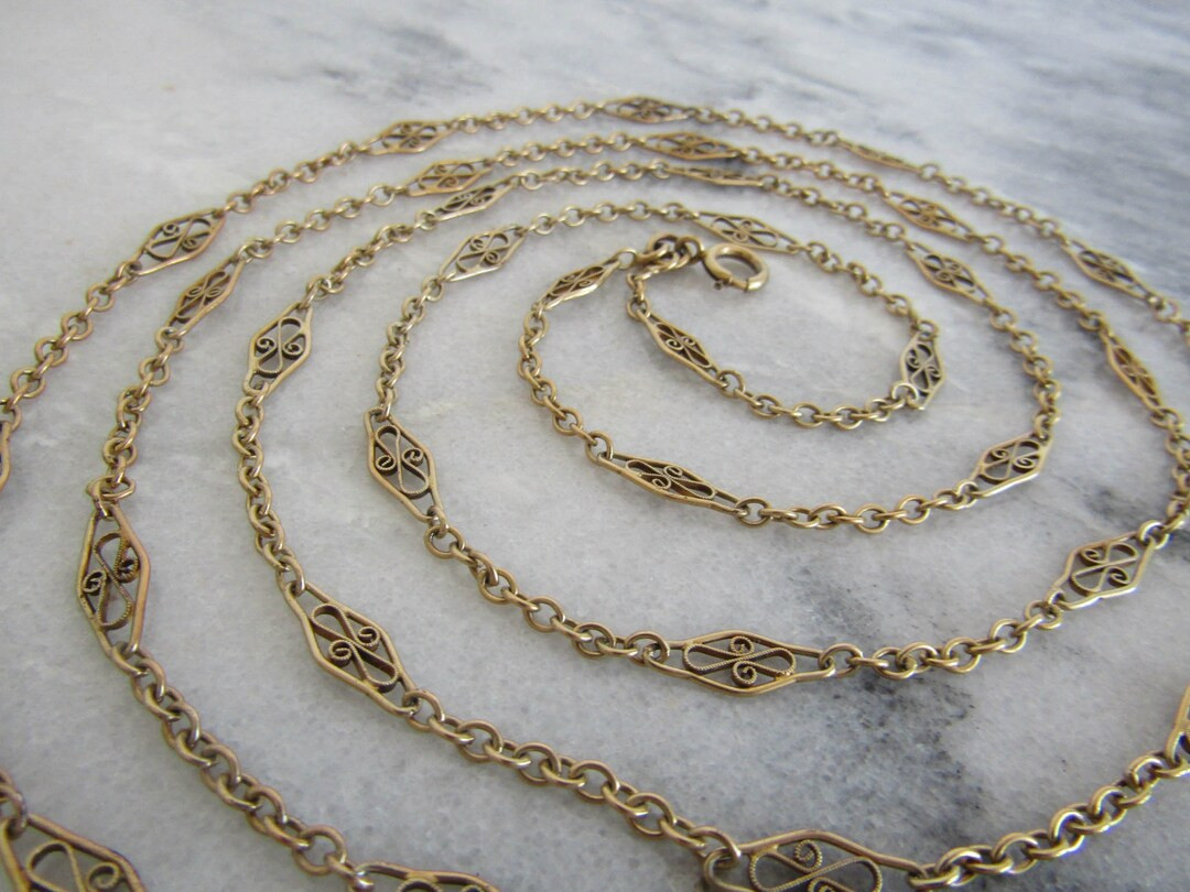 Antique French Vermeil Long Guard Chain, Vintage Filigree Silver and Gold Filled Chain with Hangi... | Etsy (UK)