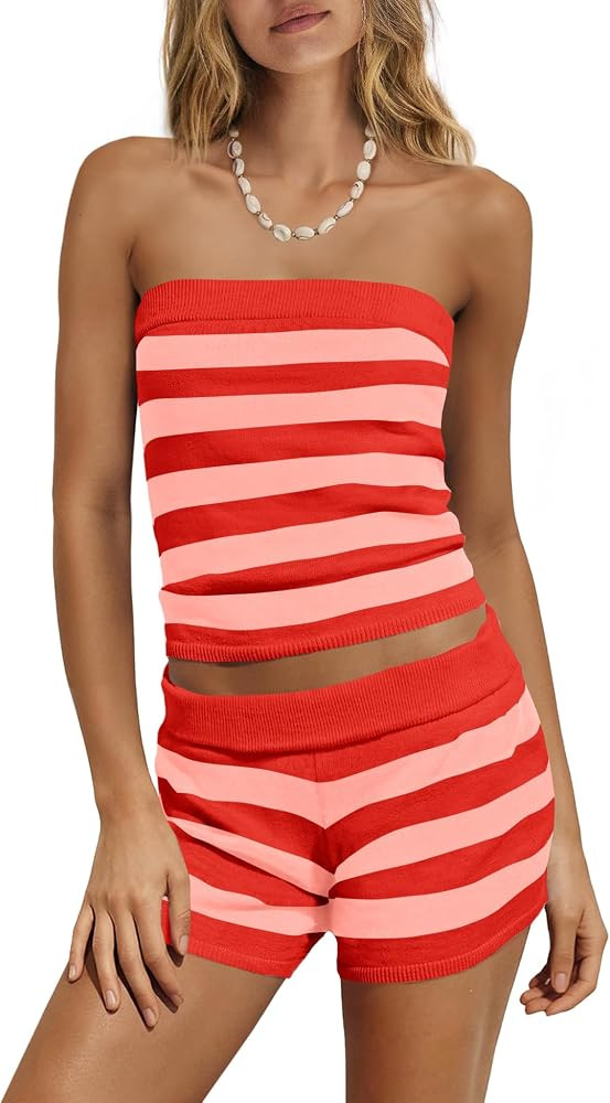 Nirovien Womens Striped Lounge Sets Summer Beach Sets Strapless Tube Tops and Shorts Sets 2 Piece... | Amazon (US)